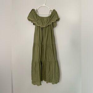Old navy olive green dress Medium off the shoulder maxi embroidered 100% cotton